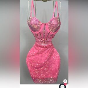Neon Hot Pink Gorgeous Rhinestone Mini Dress